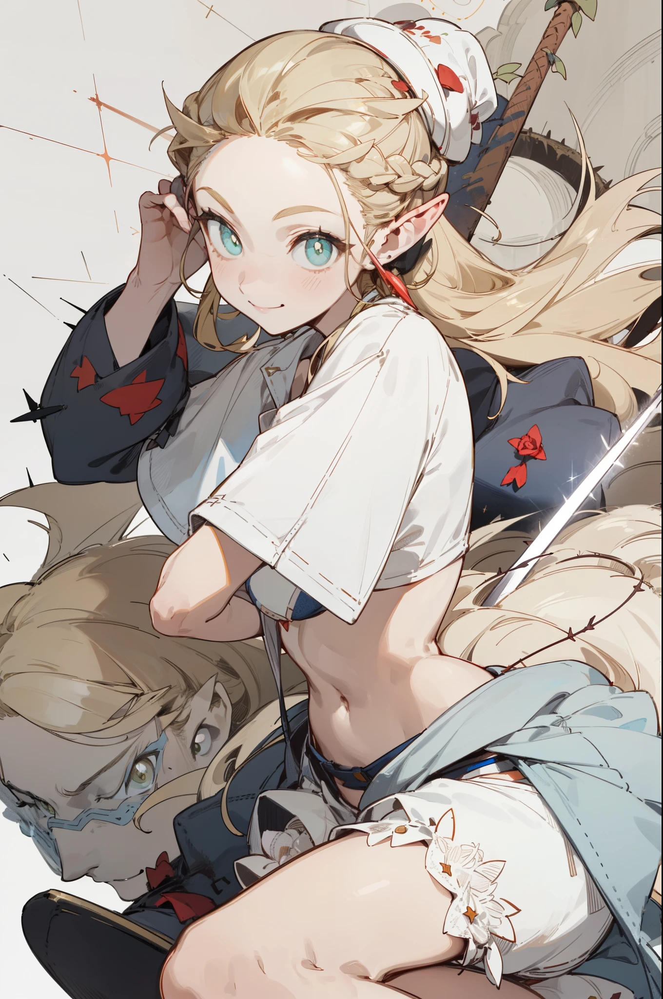Wearing a bikini、Wearing a hat and a sword,Wearing headphones, (masterpiece, best quality) detailed,silver accessories , Blonde ,elegant, Pointed ears ,Chinese element pattern,Wear a white shirt,Navel exposed,Barefoot