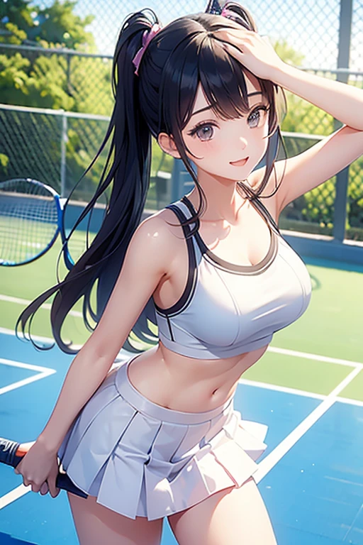 1girl,solo,high school student,big tits,aimpid, raise a arms,cute,tennis player,tennis uniform, in tennis court,have a tennis racket