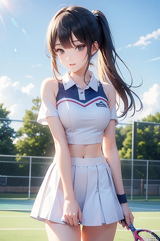 1girll,tennis player,s the perfect face,crisp breasts, Convex buttocks,White sports short sleeves,Short white pleated skirt,White sport socks,White tennis shoes,Wet hair,High ponytail,body soaking wet,Swing the paddle,tennis court,Sunnyday,Clouds, Detailed background, Clothing details, perfectly proportioned, filmgrain, Fuji colors, lightand shade contrast, tmasterpiece, high detal, high qulity, A high resolution, Cinematic lighting, 8K, Textured skin, Super detail