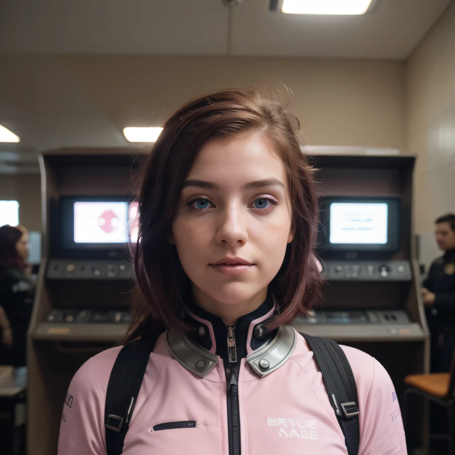 photo of a college student, Purple-Pink Gradient, futuristic space suit, (freckles:0.8) cute face, sci-fi, dystopian, detailed eyes, Heterochromia eyes（（Side view））Back Room，Breething burgundy hair