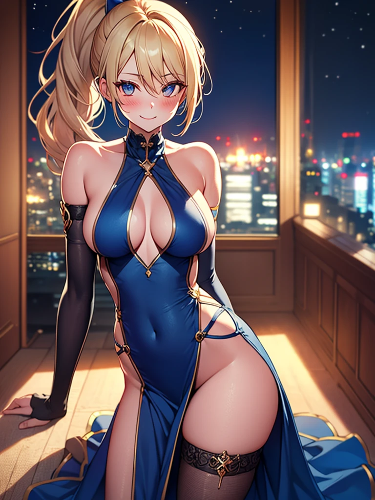 (highest quality, High resolution, perfect pixel, Depth of bounds written, 4K), full body, hotel room, detailed eyes, (1 lady), tall, (skinny body:1.2) , (thin thighs:1.2), large breasts, (side boob), blond hair, (ponytail:1.2), (midnight blue party dress:1.2), cross halter, (one side slit skirt:1.2), (sleeveless), bare back, elbow gloves, (legwear), (light smile), blush,