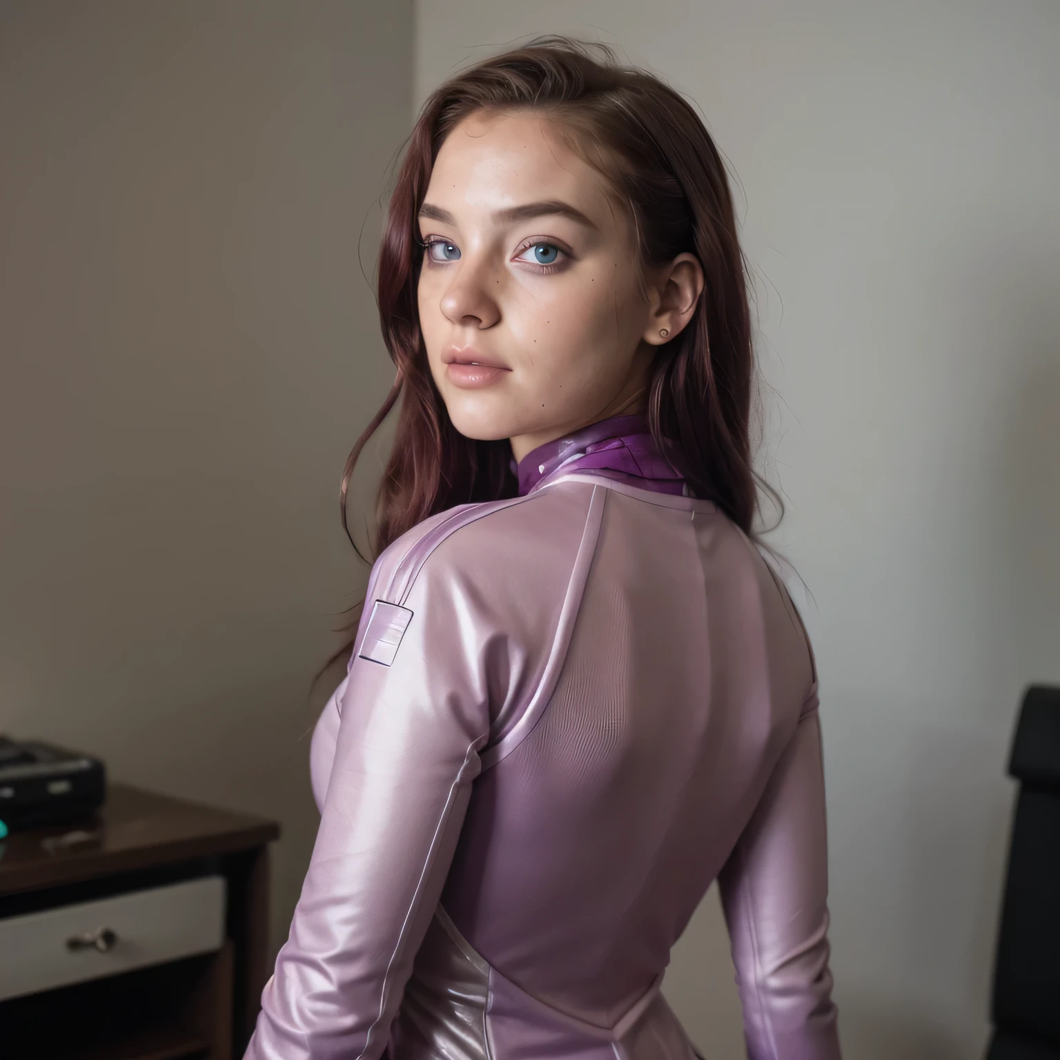 photo of a college student, Purple-Pink Gradient, futuristic space suit, (freckles:0.8) cute face, sci-fi, dystopian, detailed eyes, Heterochromia eyes（（Side view））Back Room，Breething burgundy hair