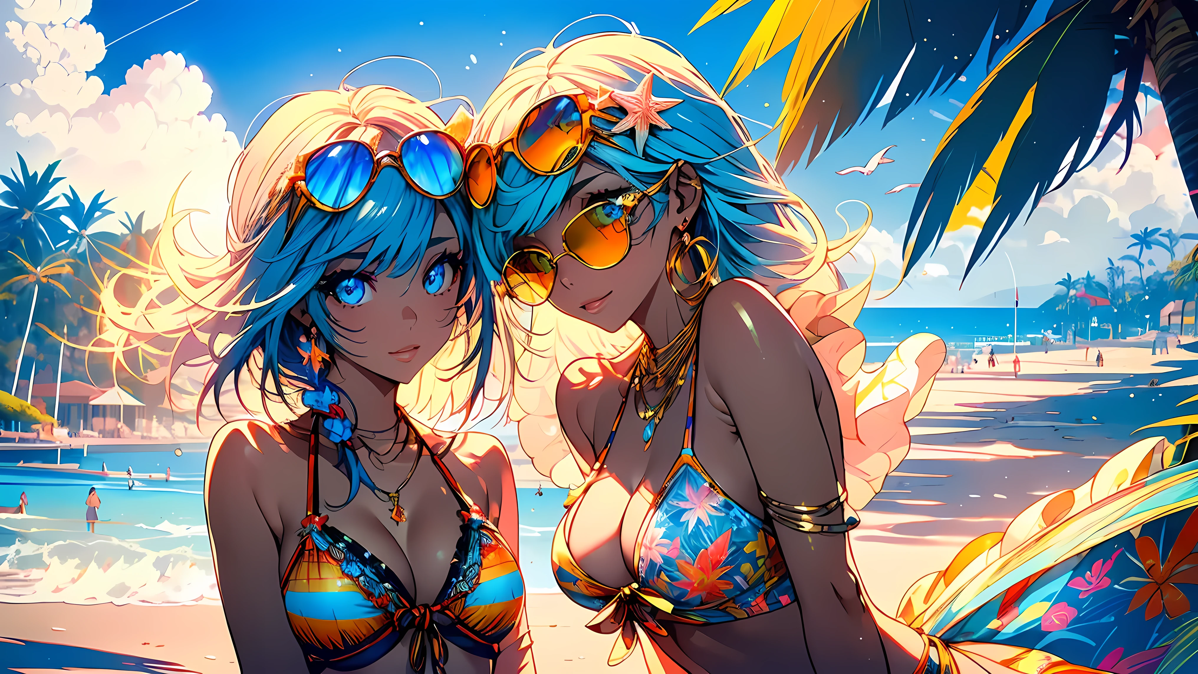 (a girl in a luxury beach), (2 girls in bikinis), (one girl with fair skin, one girl with dark skin), (sexy), (detailed facial features), (beautiful eyes), (full lips), (colorful and vibrant), (beach atmosphere), (sandy beach), (clear blue sky), (crystal clear water), (tropical palm trees), (exotic cocktails), (sunbathing), (playful poses), (relaxed and happy expressions), (fashionable beach outfits), (trendy sunglasses), (golden tans), (breezy summer vibes), (sparkling ocean waves), (gleaming sunlight), (soft sand between their toes), (beach umbrellas), (luxurious beachfront resort in the background), (palm leaf patterns), (tropical fruits), (seashells), (bikini accessories), (fun and carefree), (photo-realistic), (high-resolution), (vivid colors), (beautifully illuminated), (perfect lighting), (Beach Vacation), (summer getaway), (paradise escape), (friendship and joy), (celebration of diversity), (Female Empowerment)