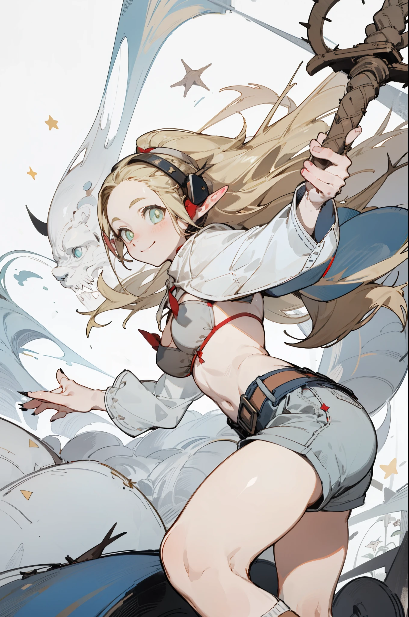 Wearing a bikini、Wearing a hat and a sword, Wearing headphones,(masterpiece, best quality) detailed,silver accessories , Blonde ,elegant, Pointed ears ,White shirt,shorts,Double tail,Waist-length hair,Smile,Star decoration,White lace socks,thorns,Rose