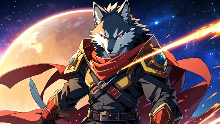 furry, male, anthro, (Wolf Tail), Solo, (Realistic eye details:1.2), (beautiful detailed eyes), anime character there is a Wolf man in a space setting with a planet in the background, dapper dream demon, best anime 4k konachan wallpaper, official artwork, gurren lagann, guilty gear strive splash art, anime style 4 k, key anime art, badass anime 8 k, high detailed official artwork, pixiv contest winner, cyber space cowboy, shigenori soejima illustration, full body like, slim body, in a panoramic view, good looking, splash art, anime style, 8k, 4k anime wallpaper, anime art wallpaper 8 k, 2 d art, 2d art, badass anime 8 k, anime art wallpaper 4k, detail art
