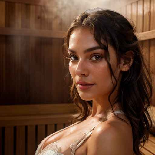 Photorealistic, ultra-detailed,White lace Latin beauty, relaxing in a sauna, solo, looking away from the camera, intricately designed sauna interior with plants and steam, bright and warm scene, late afternoon, tropical environment, radiating essence of tranquility and rejuvenation, long, wavy brown hair, expressive, dark, soulful eyes,25 years old, high resolution, masterpiece, best quality, highly detailed, sharpe focus, realistic skin texture, texture, detailed pores and sweat beads, professional, 4k, soft, inviting smile, shot on Nikon, 50mm, selective focus, muted colors, softly lit,