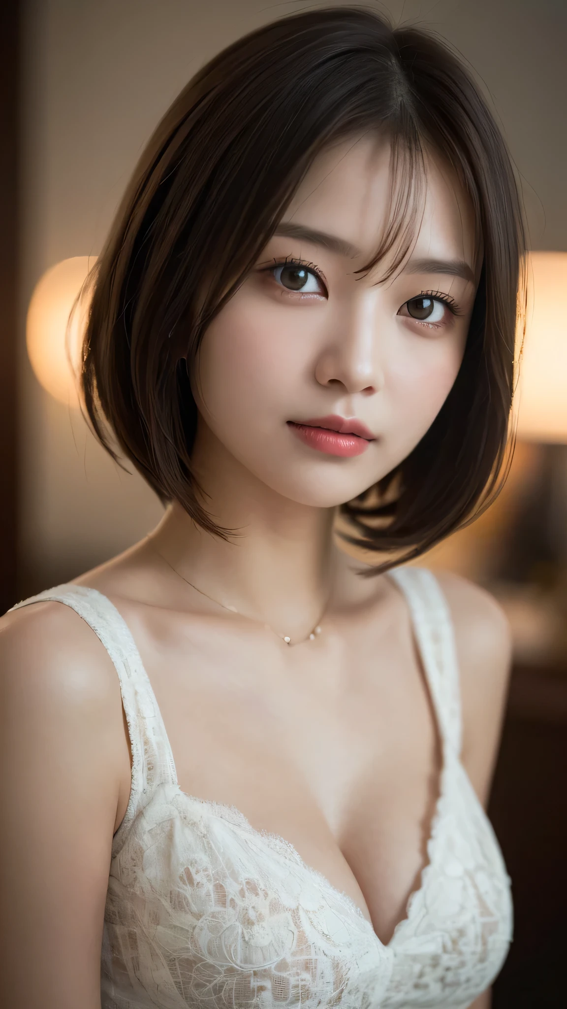 night, Raw photo, (((Very beautiful portrait))), (Very beautiful portrait))), 1 girl, Sexy 25 year old girl, ((Natural brown short hair)), [Brown eyes],A gentle smile looking at the camera(Cleavage), ((masterpiece, 最high quality, Super detailed, Cinema Lighting, Intricate details, High resolution, 8k, Very detailed)), Detailed background, 8K Ultra HD, Digital SLR, Soft lighting, high quality, Film Grain, Fujifilm XT3, Shallow depth of field, Natural light, Perfect Face