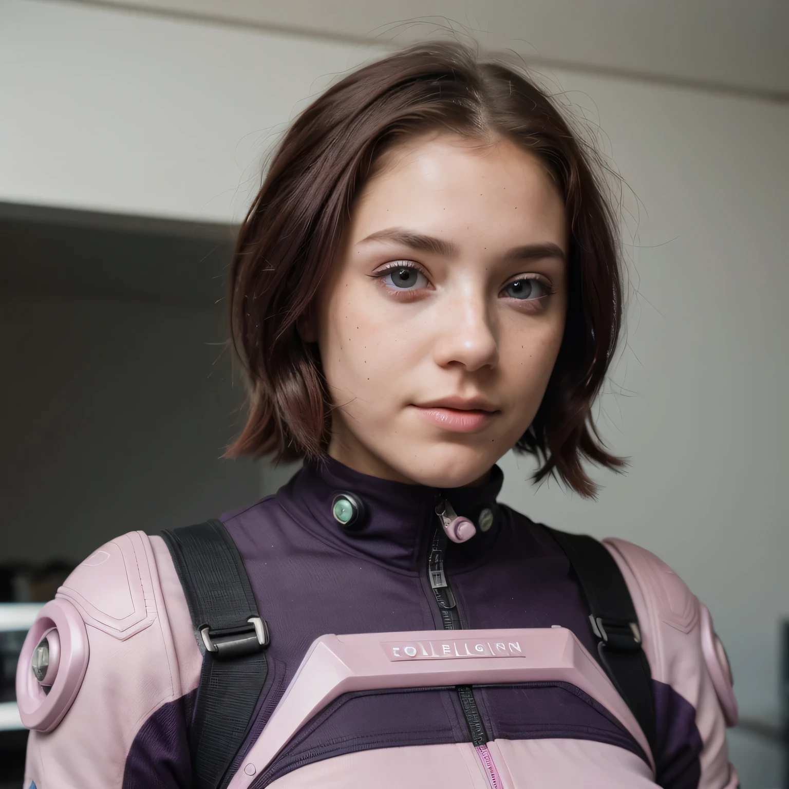 photo of a college student, Purple-Pink Gradient, futuristic space suit, (freckles:0.8) cute face, sci-fi, dystopian, detailed eyes, Heterochromia eyes((Side view))Back Room,Breething burgundy hair,Jump,be born