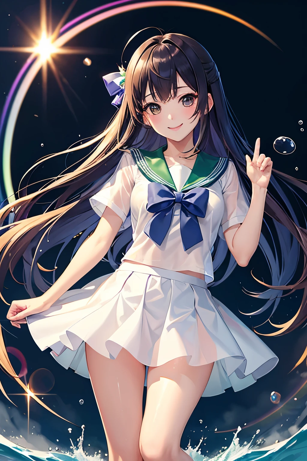 ((highest quality、Masterpiece、Normal body、8k、Detailed face、Ultra-precision、Normal hand、Normal finger、5Finger、Highest))rainbow色髪、Sailor suit、Miniskirt、High leg、Gentle Breeze、Shy smile、Courtesy、Grab the skirt with both hands、water droplets、Wet and see-through、rainbow