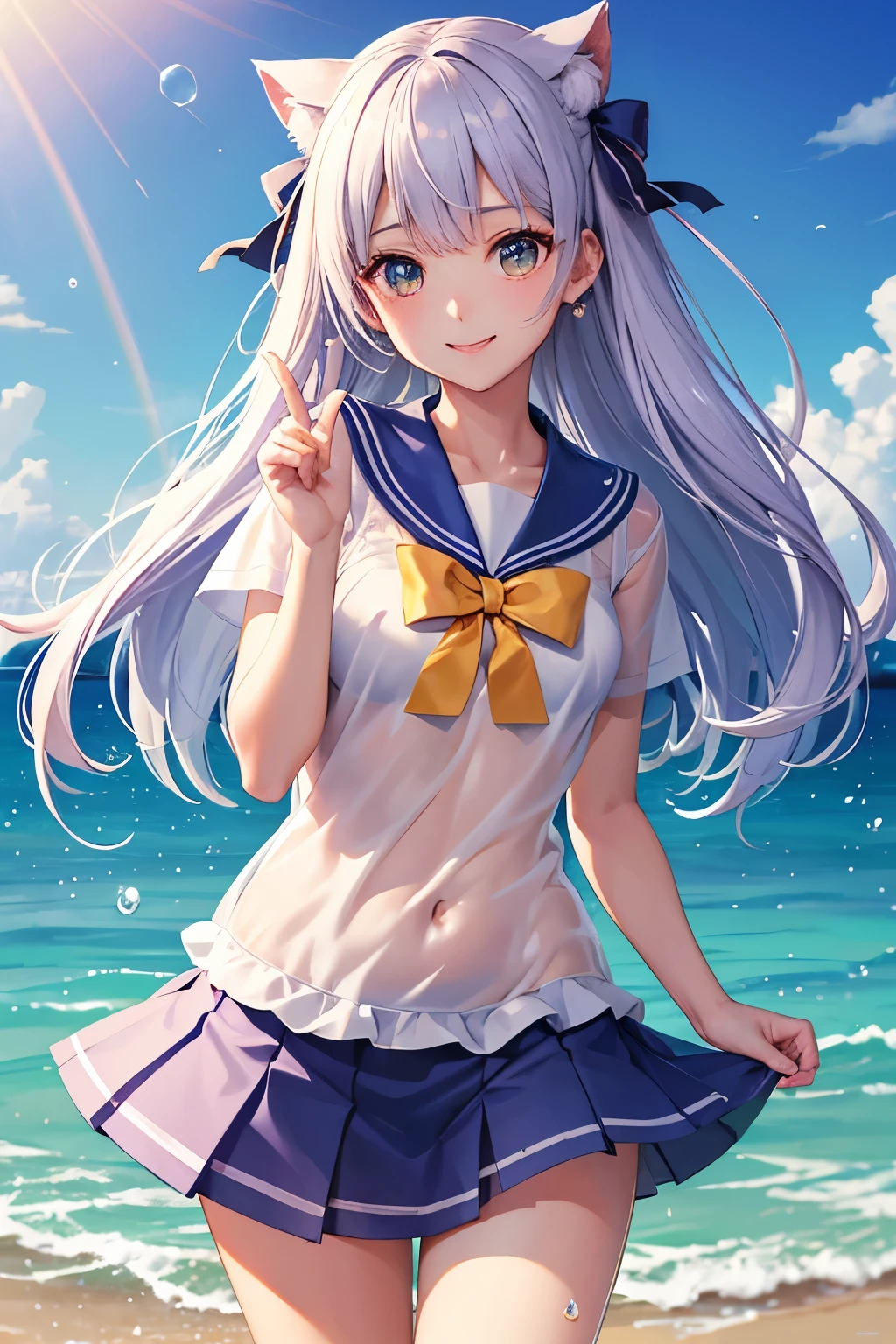 （（highest quality、Masterpiece、Normal body、8k、Detailed face、Ultra-precision、Normal hand、Normal finger、５Finger、Highest））rainbow色髪、Sailor suit、Miniskirt、High leg、Gentle Breeze、Shy smile、Courtesy、Grab the skirt with both hands、water droplets、Wet and see-through、rainbow