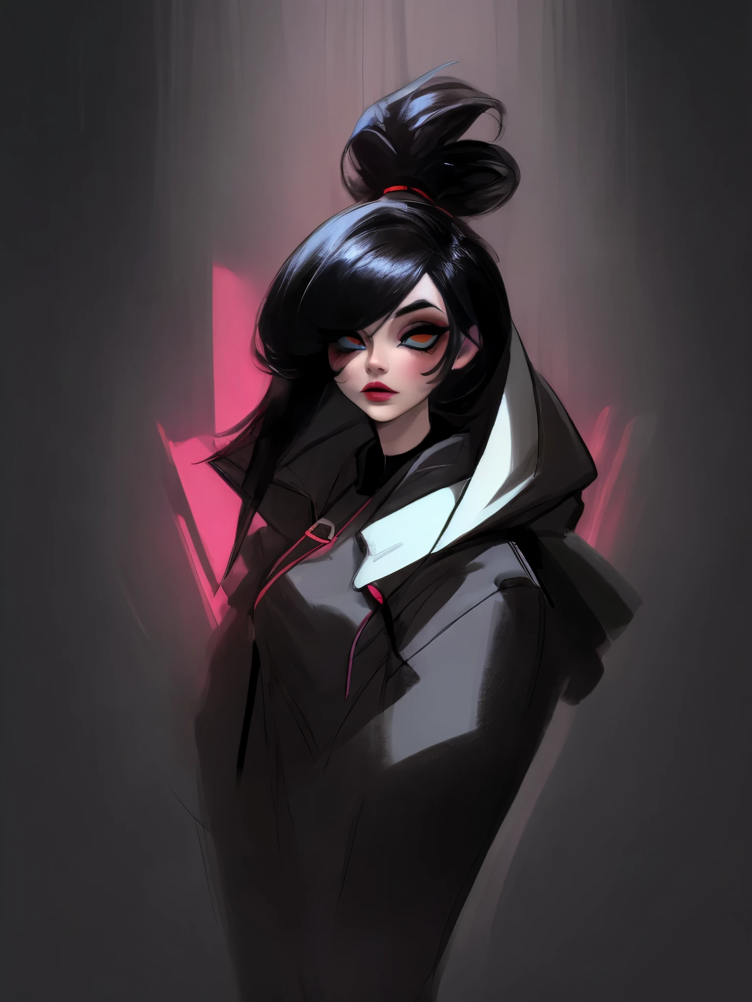 (top-quality、masterpiece:1.2) 1womandetailed high res art of a character, full length portrait, video game character art, female, makeup, city background, stunning, hoodie, black hair, lovely, goth girl aesthetic, perfect artwork
