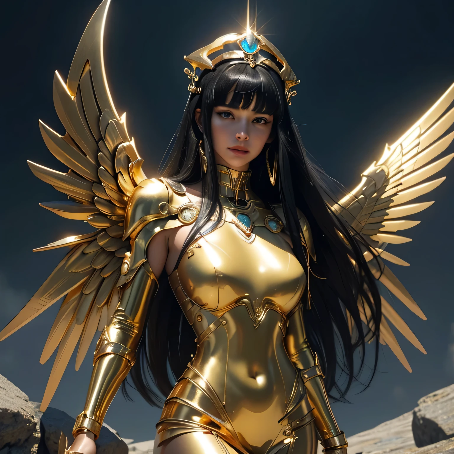 Cleopatra,black hair, perfect bangs,straight hair,My hair is very long.,She is wearing a gold cloth dress., realistic skin, incredible light, ultra realistic,complicated, Sharp focus, Ray Tracing, rtx, Professional color grading, Professional photography, Masterpiece, very detailed, High quality, best quality, 4k, 8k, raw , regeneration of the skin, big breasts,She breast size is M cup, full body, she very sexy, she have perfect body, she so beautifully,She have good eyes,She is full of charm,close up,sky,She is at the top of the mountain.,mountain range,cliff,mountain,The sun shines,The sky is clear.,((Shiny metallic cybernetic body)) cyberpunk,Sci fi,technology,golden iron wings,have wings,Large wings