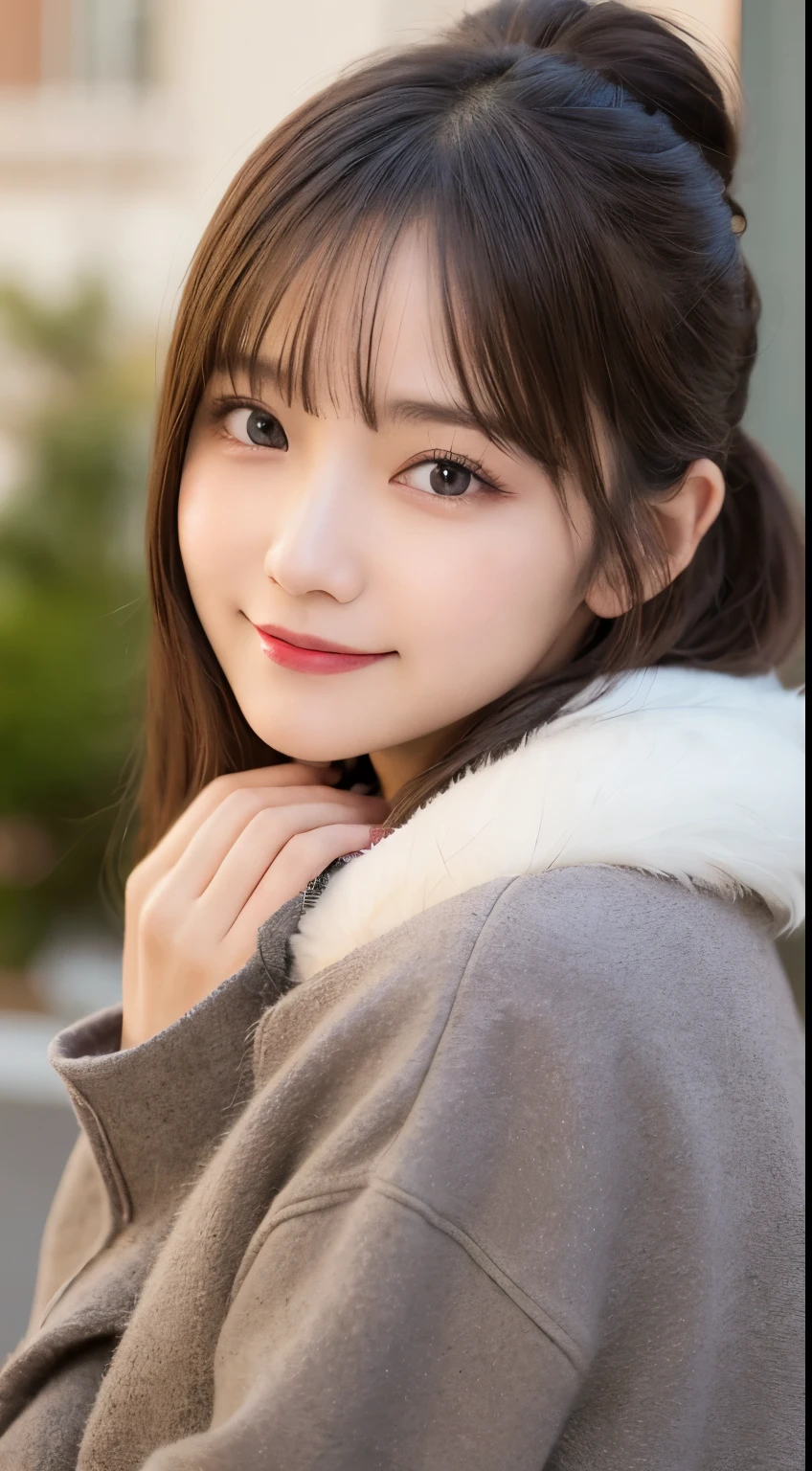 Tabletop, highest quality, shape, Very detailed, finely, High resolution, 8k wallpaper, 完璧なダイナミックな構shape, Beautiful and detailed, Straight hair, Small breasts, Natural color lip, Random sexy poses,smile,20-year-old girl、Midnight、美しくDetailed face、Perfect and beautiful face,Big eyes、RAW Photos、Feminine pose expressed with the whole body、Beautiful and detailed、Small face、Beautiful Duplex、Slim face and figure,Luxury brand mink coat(internal：Winter clothes)、Beautiful golden ratio face,Twin ponytail,Bright expression,A shoot that focuses on beautiful legs、Actual Photos、 (Get closer to the face, Make your face bigger, Face Focus:1.0), break, (masterpiece, highest quality, Very detailed, Detailed face, 8k)、Actual Photos、Perfect and beautiful face、Blur the background、smile