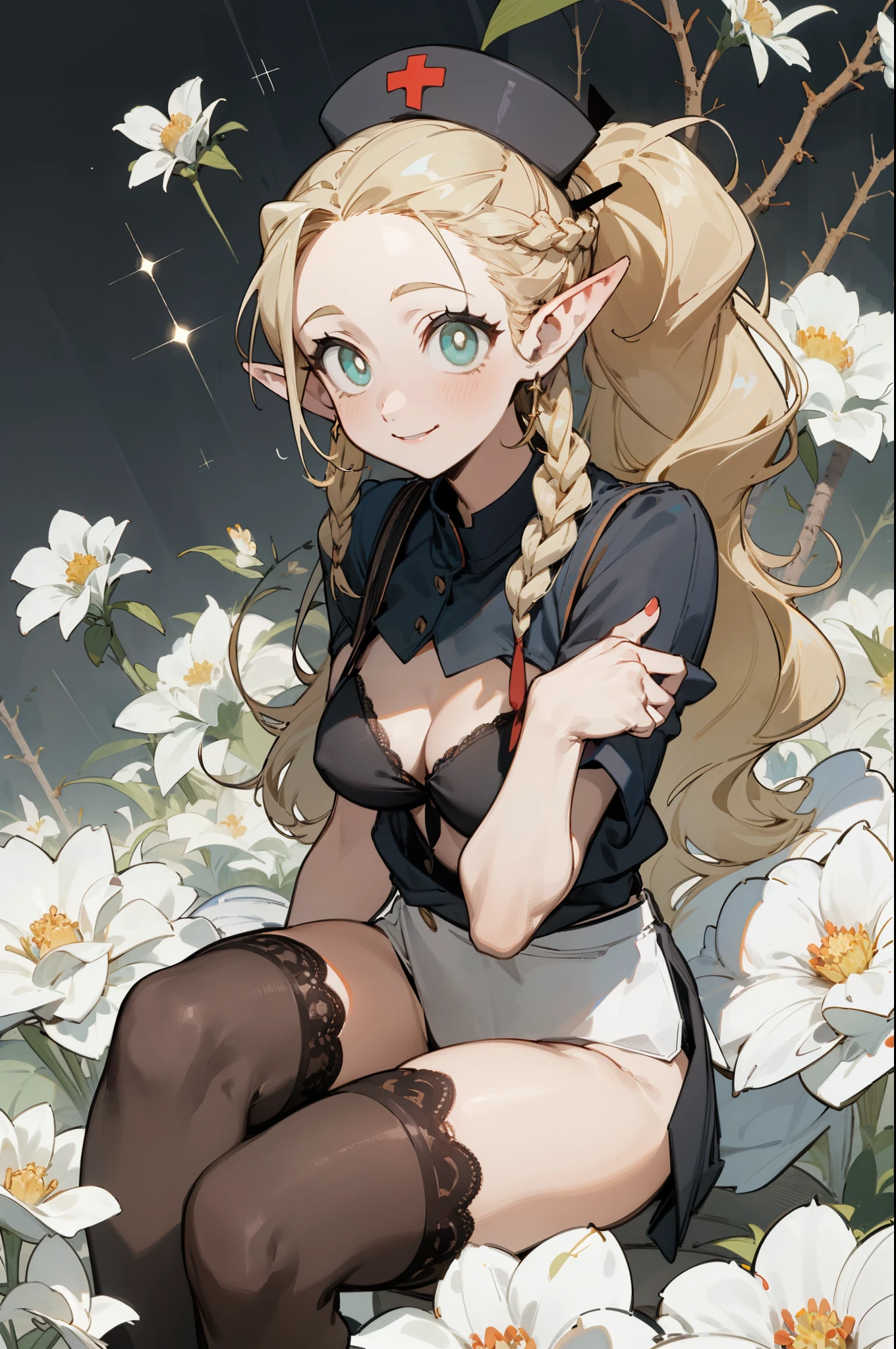 A girl in a black bikini、Wearing a hat,masterpiece, best quality) detailed,silver accessories , Blonde ,elegant, Pointed ears ,Black shirt,Black pleated skirt,Ponytail,Waist-length hair,Smile,Star decoration,Lace lace socks,vampire,Lace underwear,Lace stockings,Exposing thighs,(Nurse Clothing),Thorny,body covered with thorns,Rattan,Sea of Flowers
