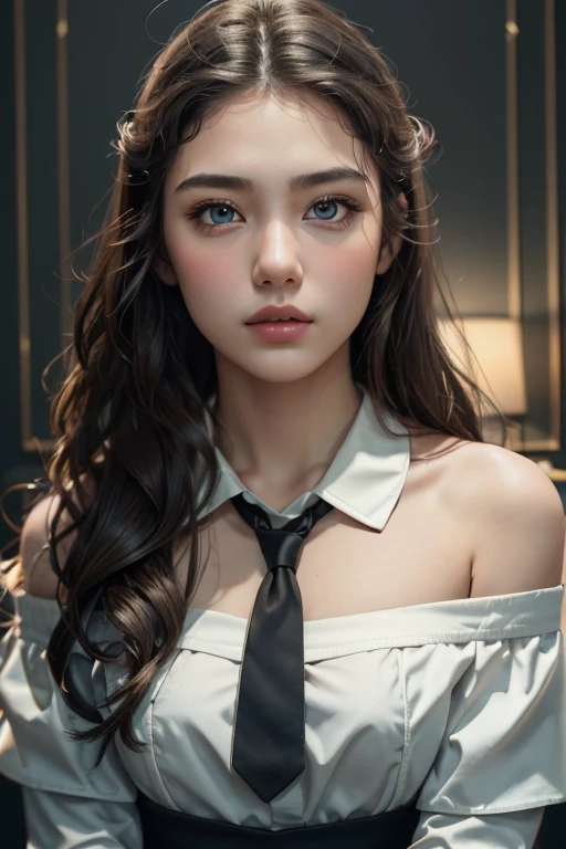 Woman 1,( (costume_Black color), ( consultation_Off shoulder slim blouse:1.5 ) ), ( parted_Bold waves:1.5 ) ,( masterpiece, top quality, best quality,8K,17 year old girl,very detailed,RAW photos:1.5),(realistic:1.4),(movie lights), PerfectNwsjMajic, , surrealism, UHD, accurate, super detail, textured skin, high detail, best quality, dynamic angle, (high nose,White skin),[beautiful blue eyes] ,upper body,