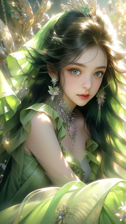 8k, Ultra HD, masterpiece, 1 girl, (Nice face:1.4), Fine grain, Very long hair, Impressive hairstyle, Earrings, necklace, Small breasts, (Green Dress:1.5), See-through, (Fantasy Dress:1.5) A light-toned foundation enhances the clarity of your skin., (In Wonderland:1.5), mystery, Diwali lights, Glowing Light, Very decorative, Light falls like water, Perfect body,