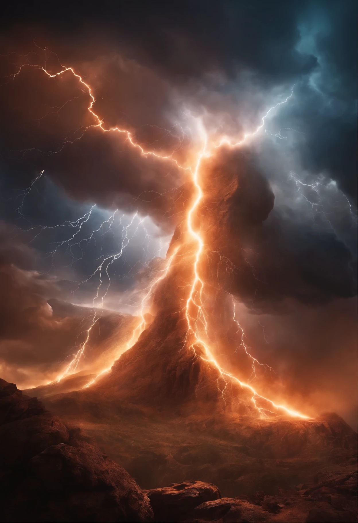 Image of a spirit falling from the sky like lightning and within the lightning faces of demons crashing into the earth, and beside the spirit hundreds of other spirits falling along