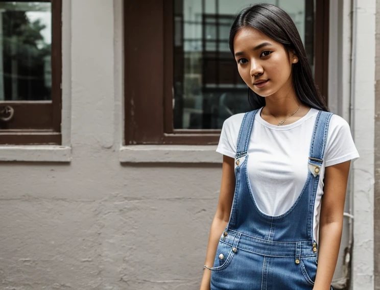 A young Filipina girl, 25 years old, very thin, wearing a blue overalls jeans and a white T-shirt, holding a lollipop in her hand.