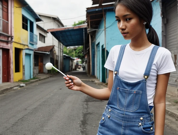 A young Filipina girl, 25 years old, very thin, wearing a blue overalls jeans and a white T-shirt, holding a lollipop in her hand.
