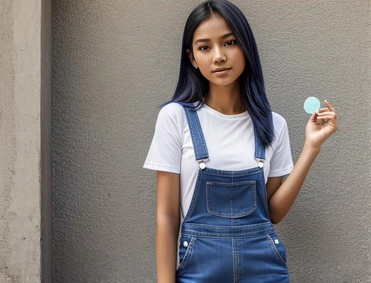 A young Filipina girl, 25 years old, very thin, wearing a blue overalls jeans and a white T-shirt, holding a lollipop in her hand.