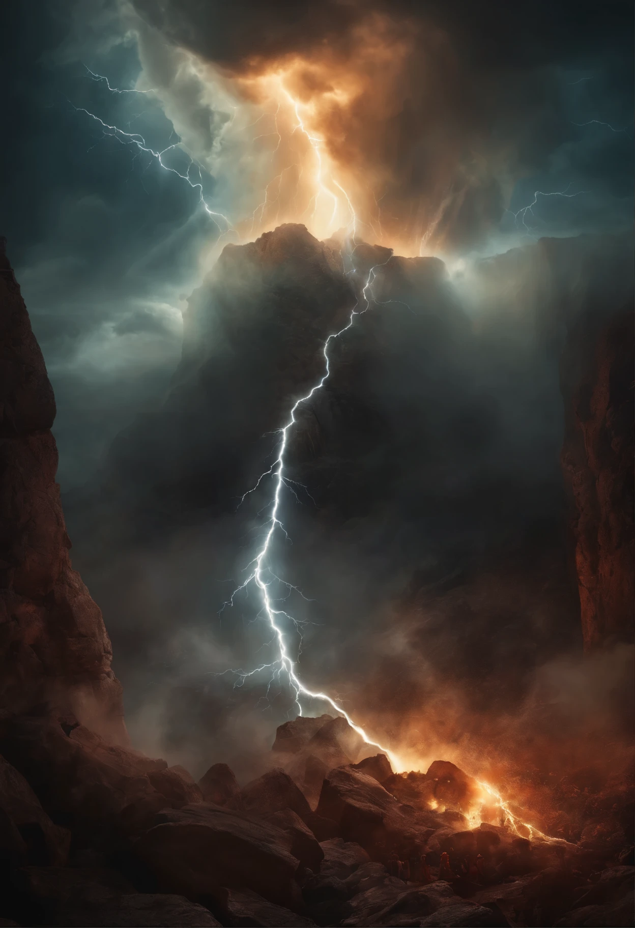 Image of a spirit falling from the sky like lightning and within the lightning faces of demons crashing into the earth, and beside the spirit hundreds of other spirits falling along