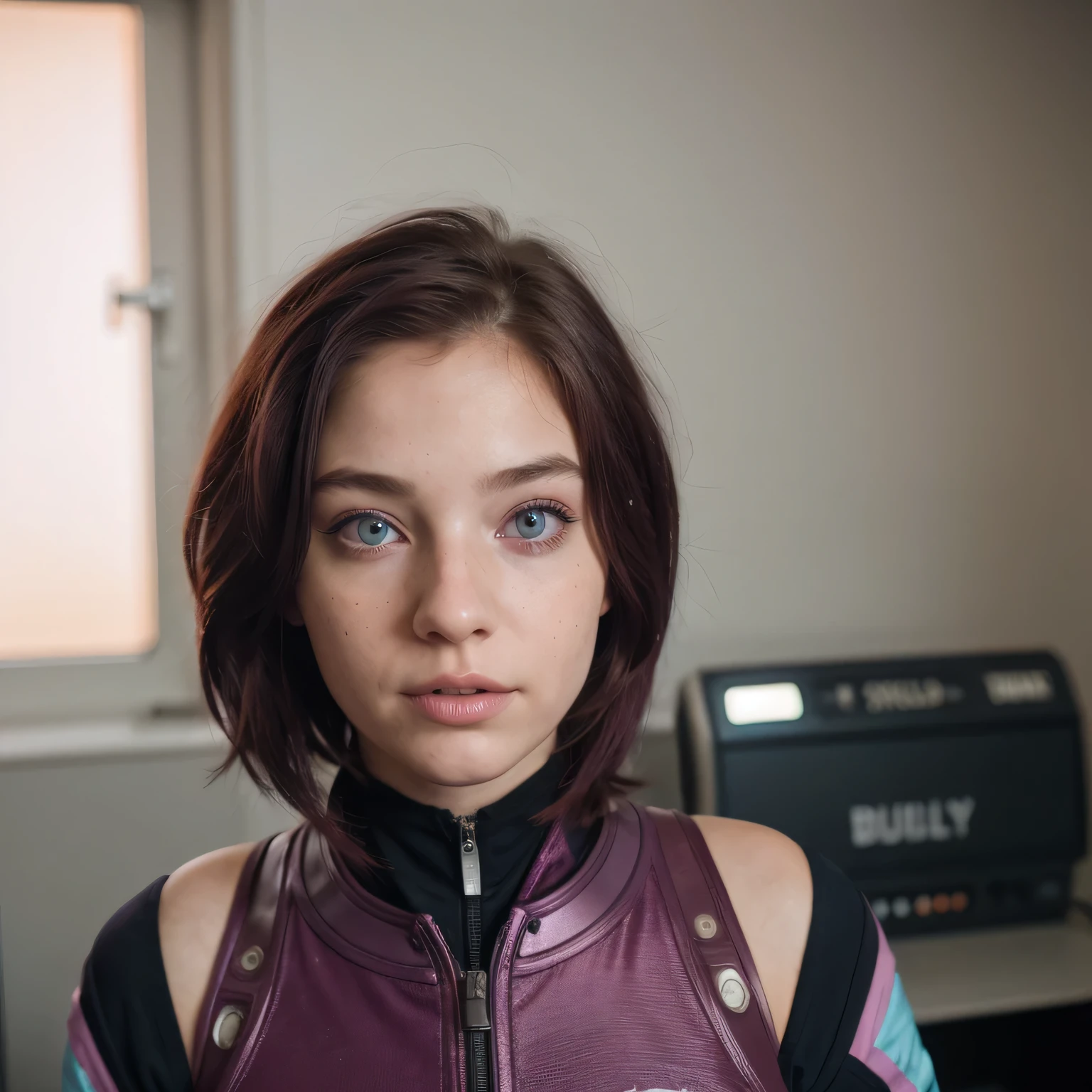 photo of a college student, Purple-Pink Gradient, futuristic space suit, (freckles:0.8) cute face, sci-fi, dystopian, detailed eyes, Heterochromia eyes（（Side view））Back Room，Breething burgundy hair，Jump，be born