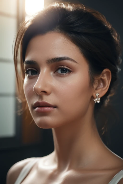 highres,4k,HDR,1girl, photorealistic, realistic,sweat skin, thin face, light makeup, standing,(((half body))), medium breasts,earing, nakelet,