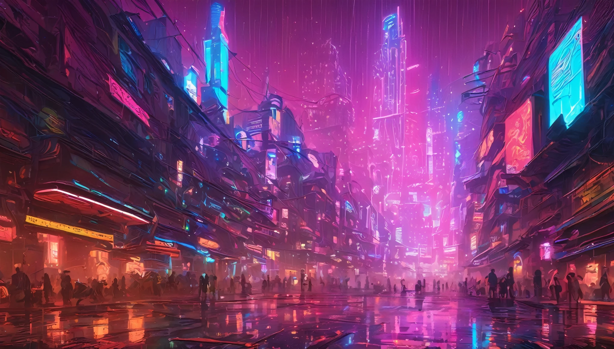 a dystopian and vibrant metropolis that reflects the essence of the cyberpunk genre. Con grandes rascacielos. The streets are illuminated by flickering neon lights and covered in perpetual rain.. The city is a place where cybernetic technology is integrated with flesh and blood., creando una sociedad donde la realidad virtual y la vida cotidiana se entrelazan de manera compleja y a menudo perturbadora. Ultra detallado, 4k HDR, 4k UHD 