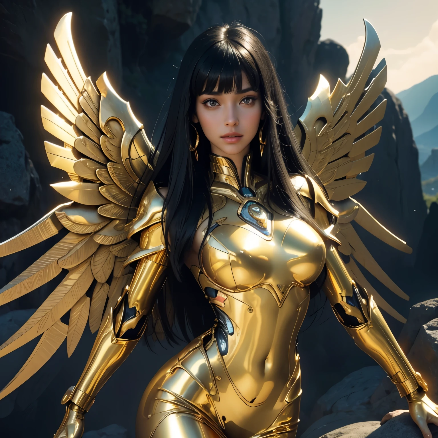 Cleopatra,black hair, perfect bangs,straight hair,My hair is very long.,She is wearing a gold cloth dress., realistic skin, incredible light, ultra realistic,complicated, Sharp focus, Ray Tracing, rtx, Professional color grading, Professional photography, Masterpiece, very detailed, High quality, best quality, 4k, 8k, raw , regeneration of the skin, big breasts,She breast size is M cup, full body, she very sexy, she have perfect body, she so beautifully,She have good eyes,She is full of charm,close up,sky,She is at the top of the mountain.,mountain range,cliff,mountain,The sun shines,The sky is clear.,((Shiny metallic cybernetic body)) cyberpunk,Sci fi,technology,golden iron wings,have wings,Large wings,A thousand hands