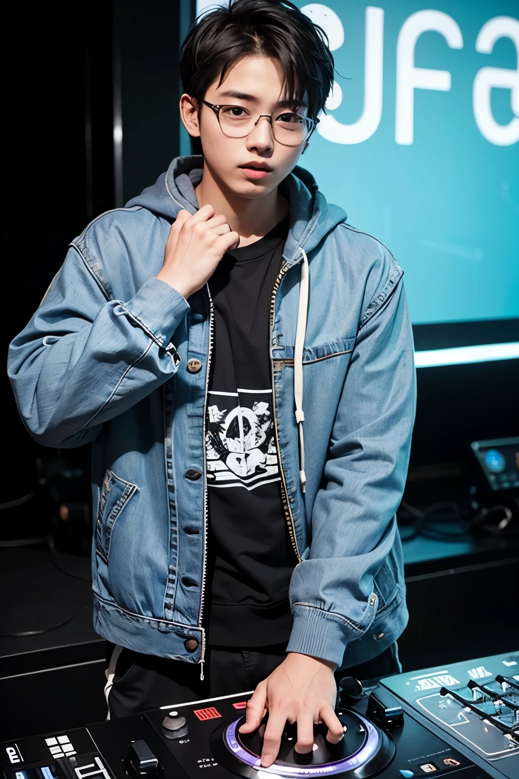 18 year old china young boy, he is wearing a denim hoodied jacket, he is wearing big black jogger trousers, he is wearing black sneakes, he is wearing glasses, he is playing DJ, nightclub