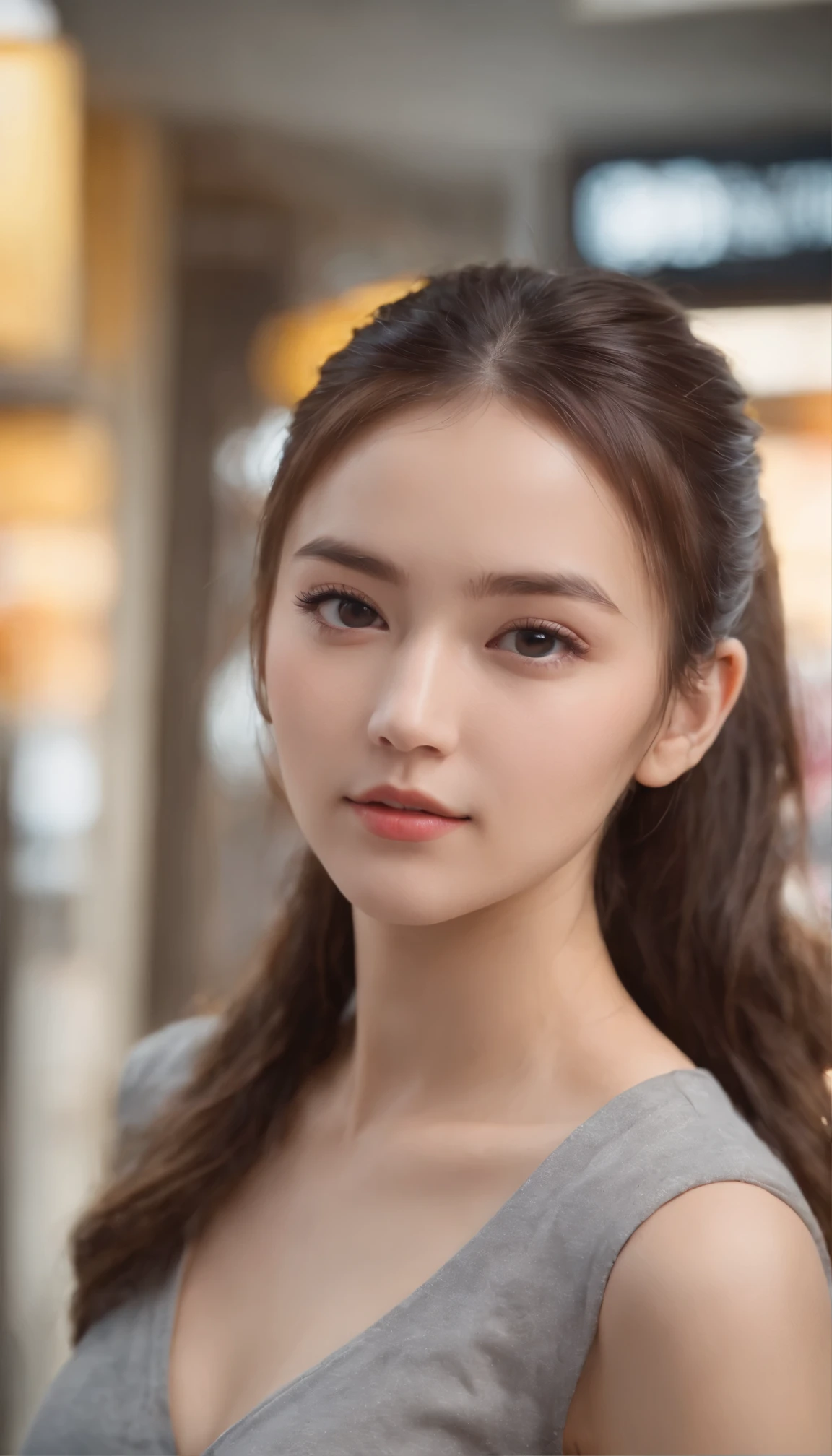 Kinematic Matrix 5, National Foundation,20-year-old girl with ponytail, Large dark gray eyes, And a perfect oval face, Presented in a realistic style，With sharp edges and a vibrant vibe, Standing in a convenience store with bare chest