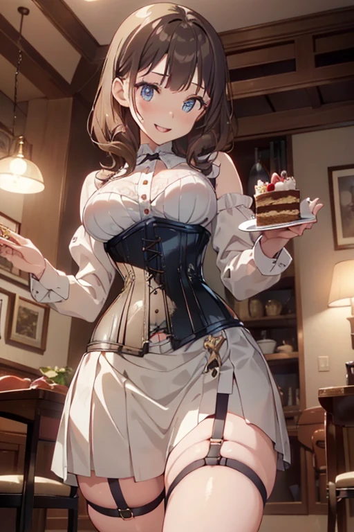 (medium breasts:1.3),(from side:0.9), ((Face)), (Close-Up:0.4), (( eat a cake and have a coffee)),highest quality、(real、photorealistic:1.4),(ultra high resolution, 8K RAW photo, clear focus), best qualtiy, natural lighting, field depth, (Bright pupils, detailed beautiful eyes, high detailed face), Red lip, (tight focus:1.2, from below:1.2), sexy posing, erotic cute,cooking Research Institutes(beautiful and luxurious:1.2),(double breasted:1.0,under bust:1.0), gap between buttons,(((corset belt))),(((high waist skirt,))) seductive weak smiling,(with sparkling eyes and a contagious smile),open mouth, Looking at Viewer