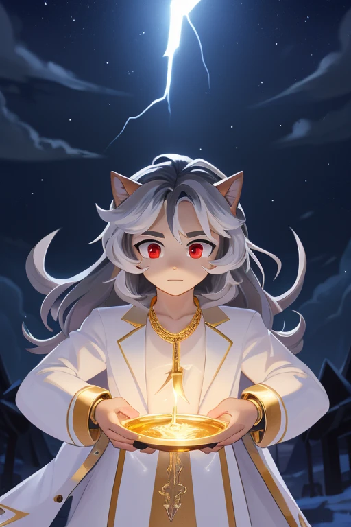 Highest quality, finely crafted lighting, young adult male, long back hair, gray multicolored hair, hair in stir, highlighted red eyes, night environment, lightning, sky with rays, divine style clothes, gold necklaces, white overcoat, gold rings