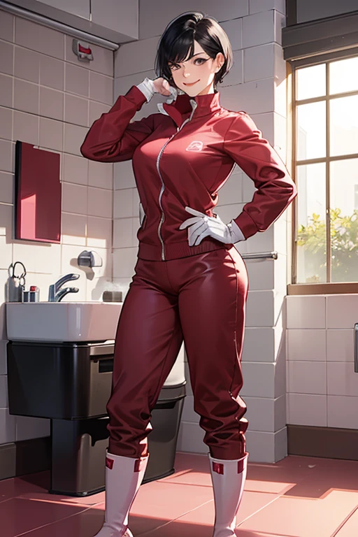 A muscular, short-haired, black-haired mature woman wearing a red long-sleeved, long-pants gym uniform, pink rubber gloves and white rubber boots, smiling gently as she cleans the school toilets.