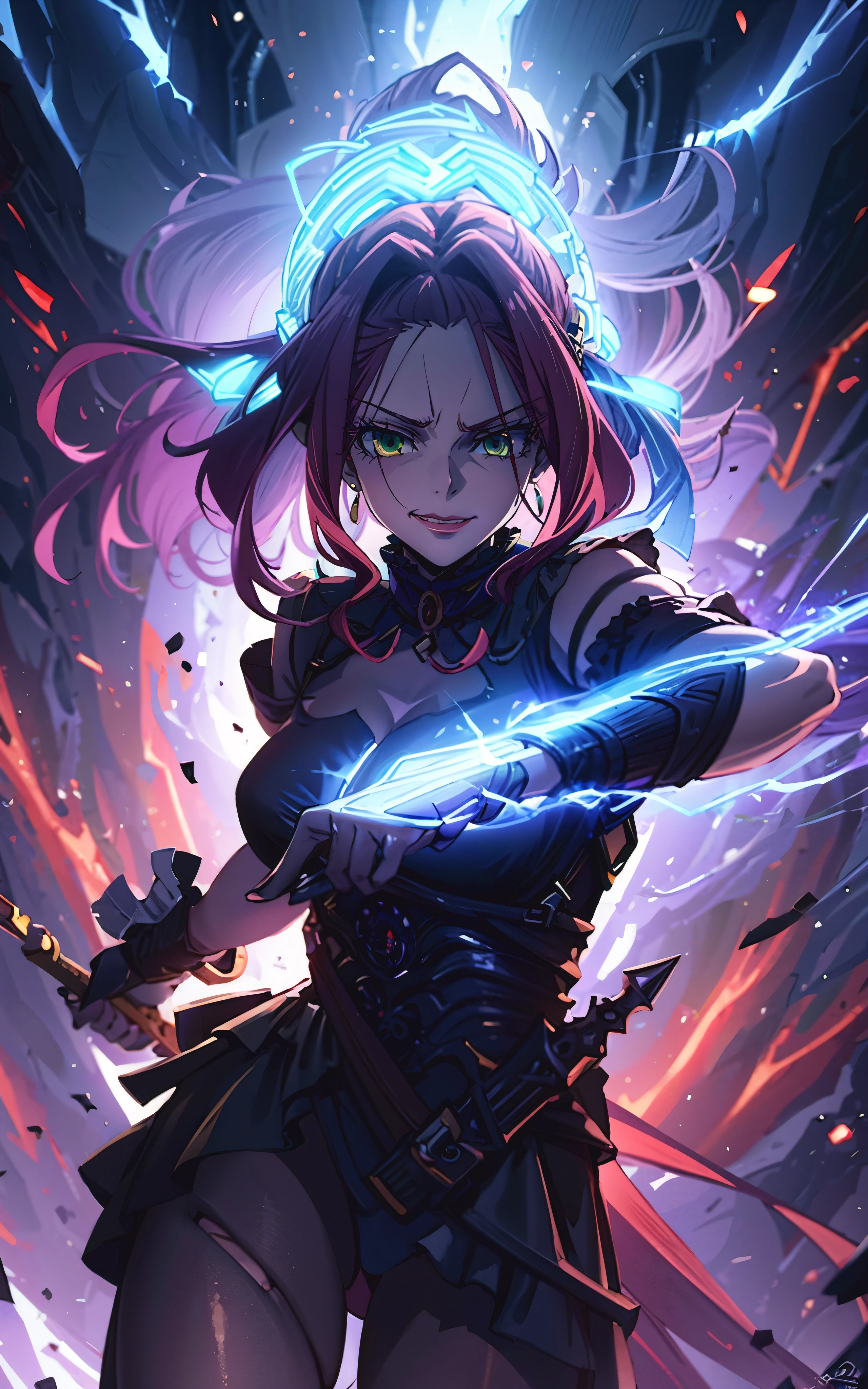 eft_shield_whor3, medium hair, red hair, green eyes, curvy, ((anatomically correct:1.4)), heavy breathing, huge breasts, best quality, masterpiece, high quality, high details, highres, HD, 1girl, looking_at_viewer, outfit-hindenburg, black miniskirt, black pantyhose, covered navel, solo, breasts, weapon, simple background, standing, fog, electricity, torn, "glow effects, godrays, Hand drawn, render, 8k, octane render, cinema 4d, blender, dark, atmospheric 4k ultra detailed, cinematic, Sharp focus, big depth of field, Masterpiece, colors, 3d octane render, 4k, concept art, trending on artstation, hyperrealistic, Vivid colors, extremely detailed CG unity 8k wallpaper, trending on CGSociety, Intricate, High Detail, dramatic", (shaded face:1.2), hollow eyes, green eyes, looking at viewer, heavy breathing, smirk, upper teeth, lips, lipstick,
