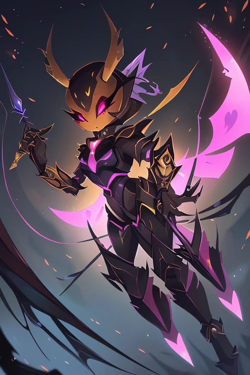 (Illustration of a fast-flying hornet:1.2)、A devil that combines creepiness and beauty、Atrocious、cruel、offensive、Dweller of Darkness、beast、Fusion of humans and flies、fullllbody、(femele:0.6 | hornet:1.8)、Armor from flies、Fiercely piercing with a spear in the hand、Flies flying around