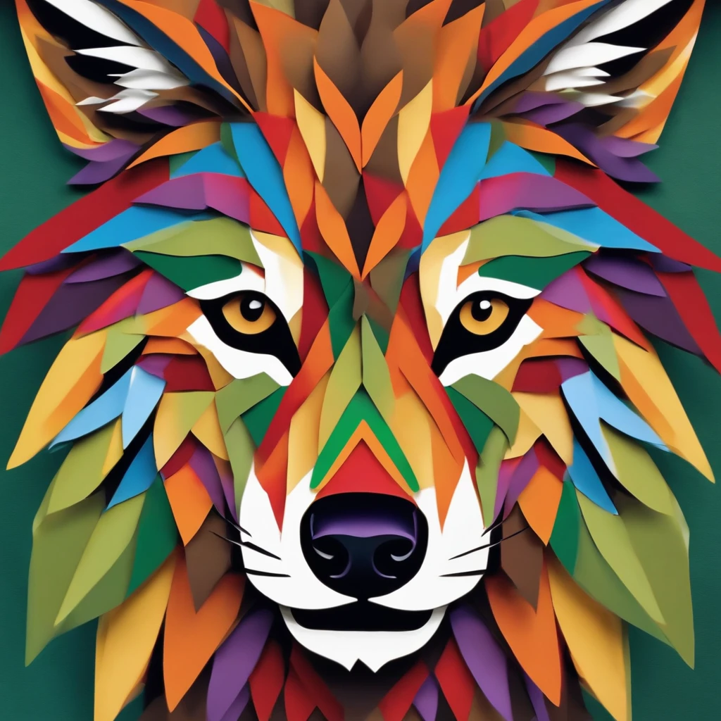 A striking and intricate artwork of a wolf's head, crafted from an assortment of colorful paper. The wolf's eyes are made of deep brown paper, while the rest of its face is a beautiful blend of red, orange, yellow, green, blue, and purple hues. The white background highlights the vibrant colors of the wolf's head, creating a striking contrast. The overall effect is that of a whimsical, papercraft-style piece that is both playful and eye-catching.