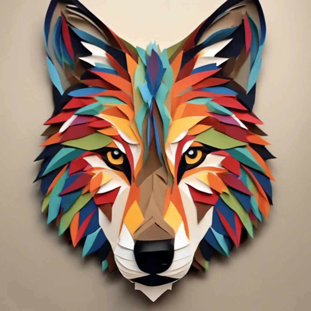 A striking and intricate artwork of a wolf's head, crafted from an assortment of colorful paper. The wolf's eyes are made of deep brown paper, while the rest of its face is a beautiful blend of red, orange, yellow, green, blue, and purple hues. The white background highlights the vibrant colors of the wolf's head, creating a striking contrast. The overall effect is that of a whimsical, papercraft-style piece that is both playful and eye-catching.