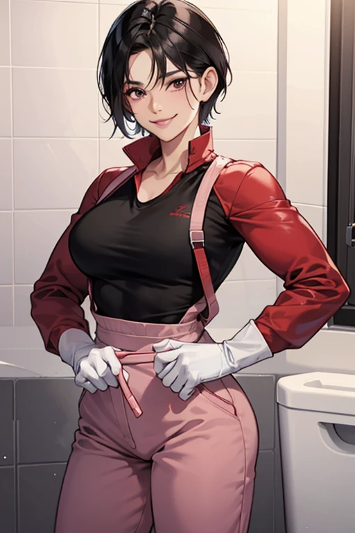 A muscular, short-haired, black-haired mature woman wearing a red long-sleeved, long-pants gym uniform, pink rubber gloves and white rubber boots, smiling gently as she cleans the school toilets.