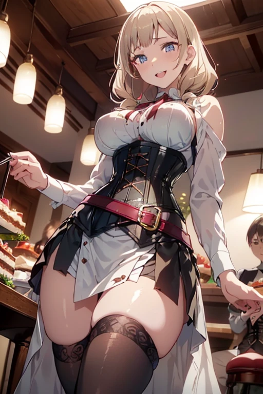 (medium breasts:0.6),(from side:0.9), ((Face)), (Close-Up:0.4), (( eat a cake and have a coffee)),highest quality、(real、photorealistic:1.4),(ultra high resolution, 8K RAW photo, clear focus), best qualtiy, natural lighting, field depth, (Bright pupils, detailed beautiful eyes, high detailed face), Red lip, (tight focus:1.2, from below:1.2), sexy posing, erotic cute,cooking Research Institutes(beautiful and luxurious:1.2),(double breasted:1.0,under bust:1.0), gap between buttons,(((corset belt))),(((high waist skirt,))) seductive weak smiling,(with sparkling eyes and a contagious smile),open mouth, Looking at Viewer
