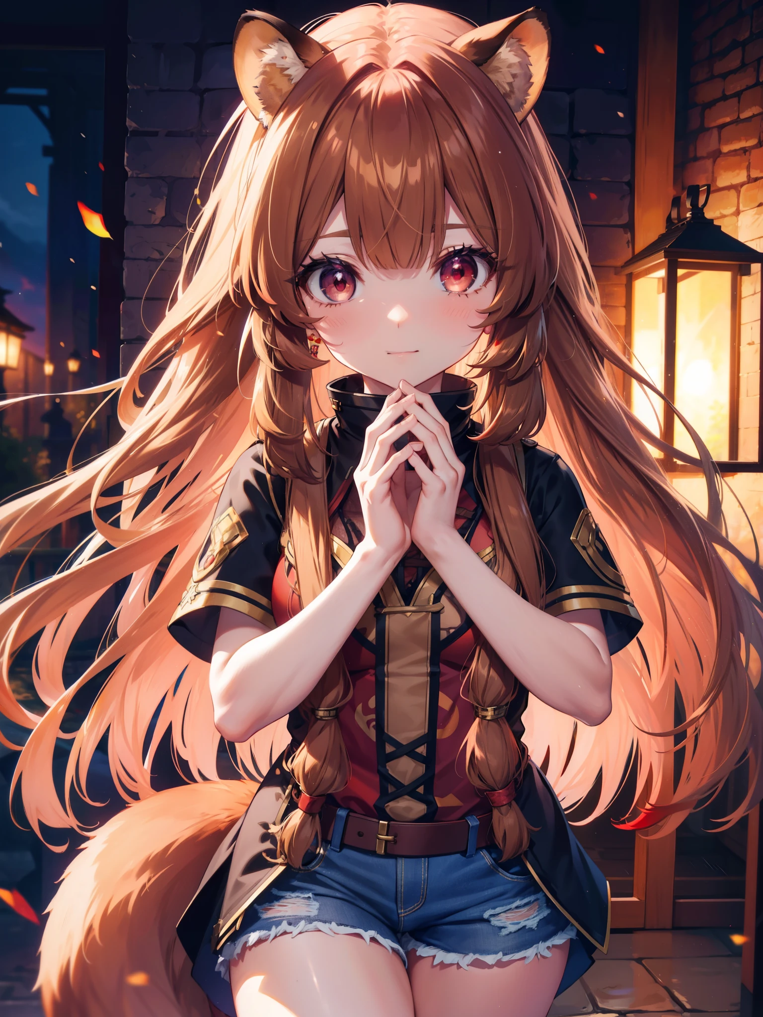 Raphtalia, Raphtalia, Animal ears, Brown Hair, Long Hair, Raccoon Ears, Raccoon Girl, racoon tail, (Red eyes:1.5), tail,smile,Oversized checkered shirt,Short denim,Black knee socks,highest quality, High resolution, unity 8k wallpaper, (shape:0.8), (Beautiful detailed eyes:1.6), extra detailed face, Perfect lighting, extremely details CG, (Perfect hands, Perfect Anatomy), (