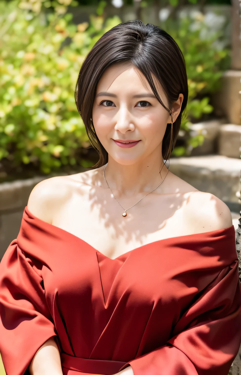 Professional, High level of detail, close up photo (attractive mature 45yo woman:1.3), long black hair,(red long dress, off shoulder, wearing robe)1.455, ray tracing, natural lighting, (seductive:1.1), (blushing:1.1 ), (classy, elegant, dandy)1.2, (pokies)1.3, (toned body, hourglass body shape) (wipe hips), (full body with visible face and eyes)1.5, glasses, earnings, sakura forest, river, standing, shy smile, golden necklace