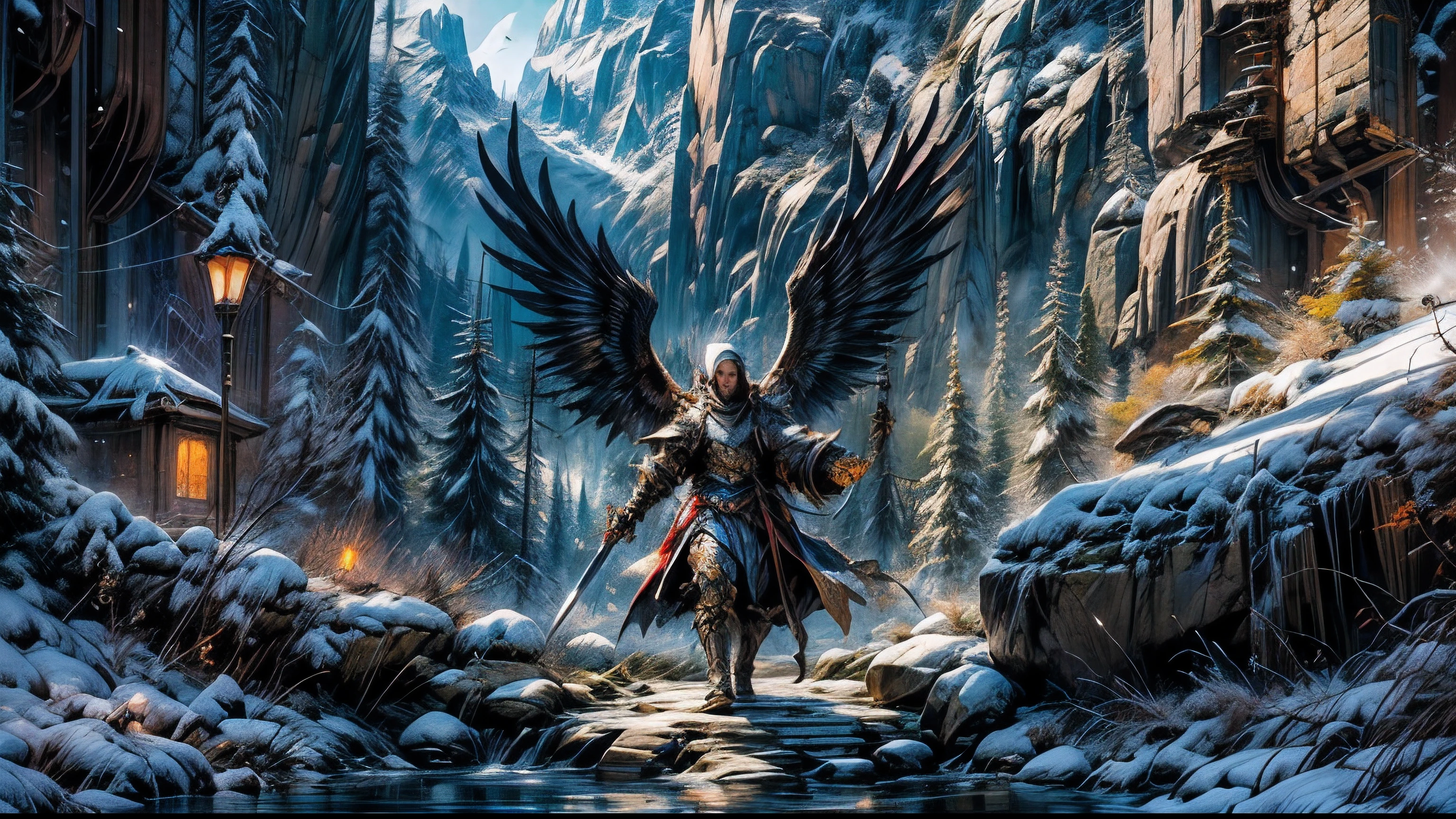 Make a very real image of the a black archangel Saint Gabriel with a warrior's armor and a sword in his hand, with large black wings and in the background you can see a valley with large mountains, a river and white birds flying around