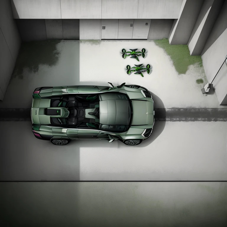 drone shot of green volvo xdrive portrait 6f, studio set design in the style of ethereal details, light gray and dark green, aerial view, concrete floor with long shadow from window on car, minimalist stage designs, minimal detail, minimal still life --ar 4:3 --style raw