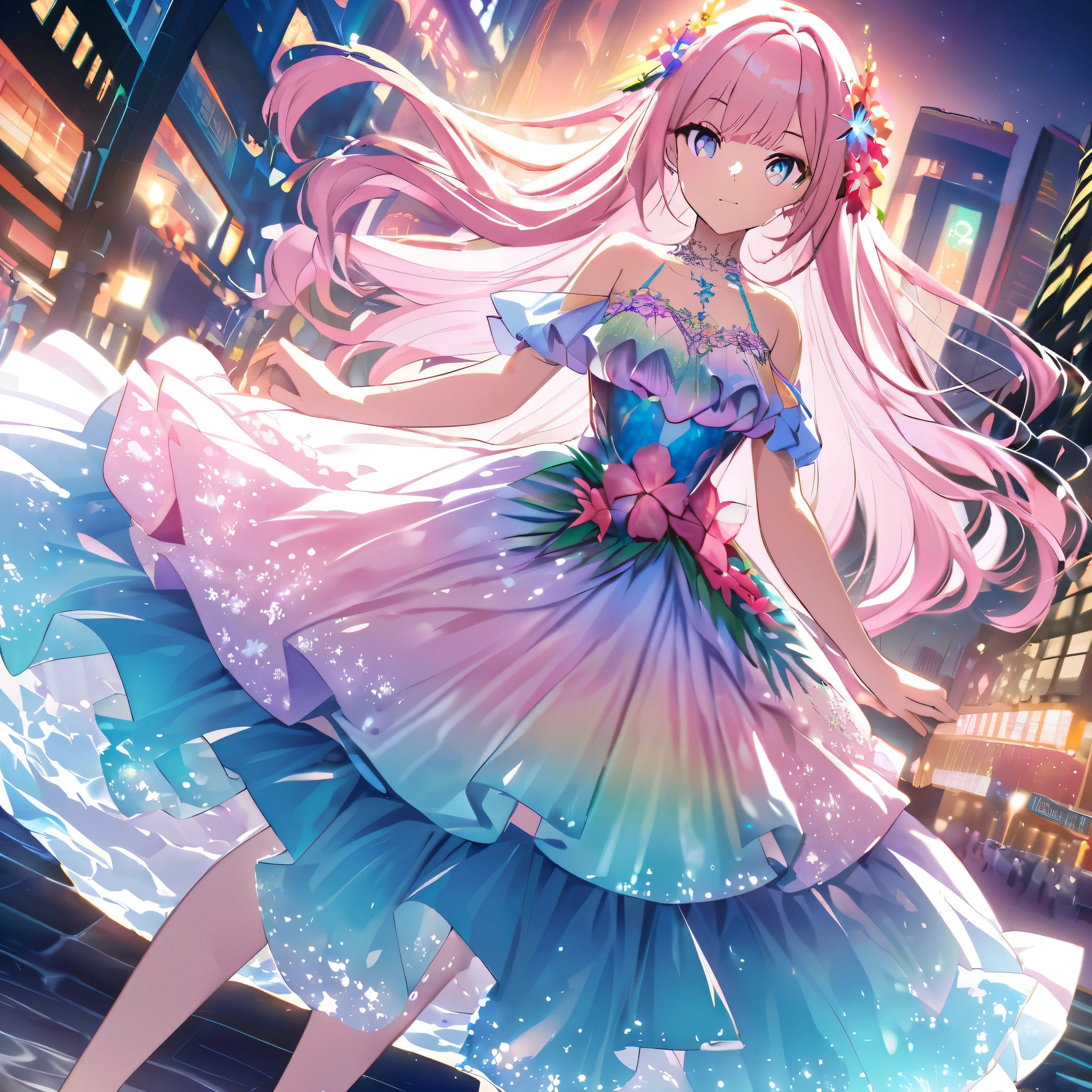 Create an anime-style illustration of a character wearing an elaborate Hawaiian dress decorated with flowers and jewels against a bright night beach background. The dress should have multiple layers and ruffles, with jewels of different colors embedded throughout. Draw the character's face in detail. Pink's character's pink hair should be long and flowing to complement the intricate design of the dress. The cityscape at night should be vibrant. The streets are lit up in different colors and the streets are buzzing with lights indicating an active nightlife. Includes light reflections from buildings in the body of water between them.
