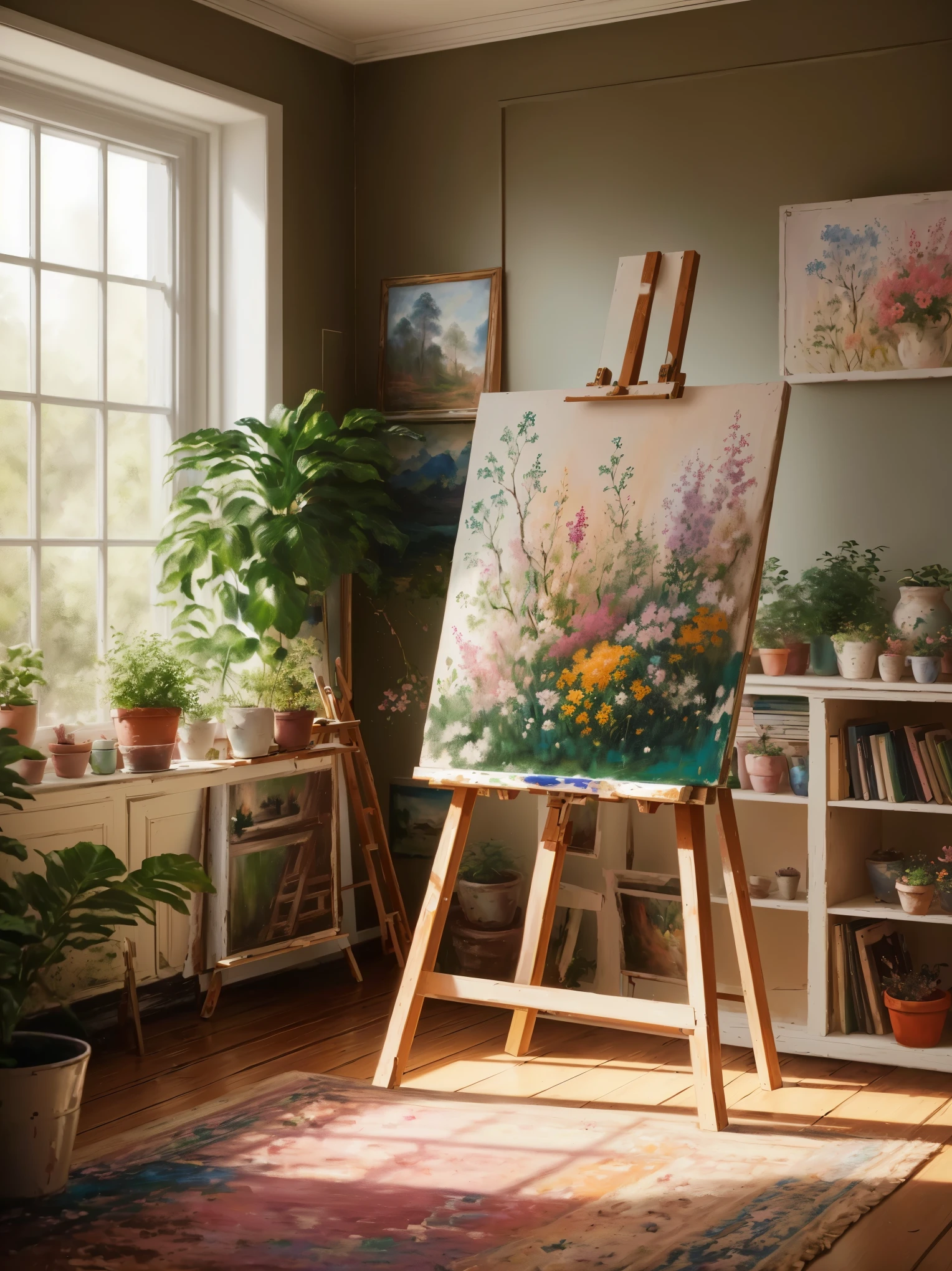 painting on easel in a room with a window and potted plants, nature painting, detailed painting 4 k, mood painting, pastel style painting, floral environment, painting come to life, painting on a canvas, painting of a room, oil painting style, painting on canvas, painitng, detailed soft painting, 8k high quality detailed art, easel