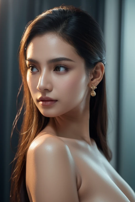 highres,4k,HDR,1girl, asean beauty, photorealistic, realistic,sweat skin, thin face, light makeup, standing,(((half body))), medium breasts, earing, nakelet,