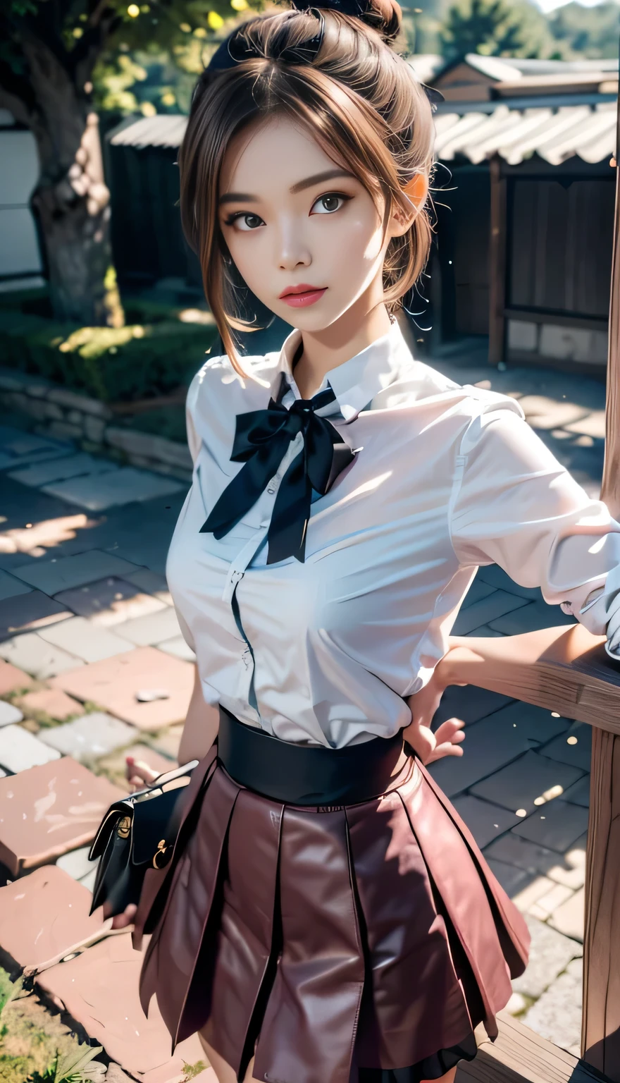 (original photography、top quality)、(realism、Reality:1.3)、top quality、masterpiece、Extremely beautiful、Very detailed的、nffsw、Sense of solidarity、2k wallpapers、Gorgeous、Pretty Face，every detail、masterpiece、A faint smile、top quality、Highly detailed Unity 8k wallpaper、Huge file size、Ultra Detailed、high resolution、Very detailed、1 female、Slim、D cup、(Black pantyhose:0.7)、(Pink skirt:1.2)、(Hair Bun)、(Brown hair)、Outlook、Be focused、Close-up of face、Pure face_V1:0.8 short hair、