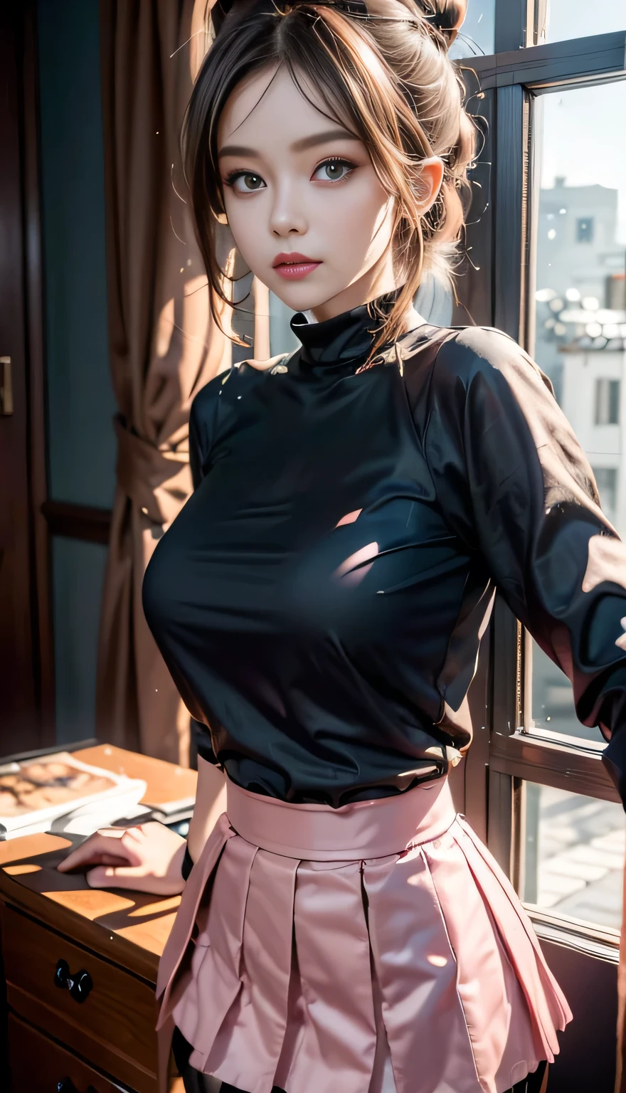 (original photography、top quality)、(realism、Reality:1.3)、top quality、masterpiece、Extremely beautiful、Very detailed的、nffsw、Sense of solidarity、2k wallpapers、Gorgeous、Pretty Face，every detail、masterpiece、A faint smile、top quality、Highly detailed Unity 8k wallpaper、Huge file size、Ultra Detailed、high resolution、Very detailed、1 female、Slim、D cup、(Black pantyhose:0.7)、(Pink skirt:1.2)、(Hair Bun)、(Brown hair)、Outlook、Be focused、Close-up of face、Pure face_V1:0.8 short hair、