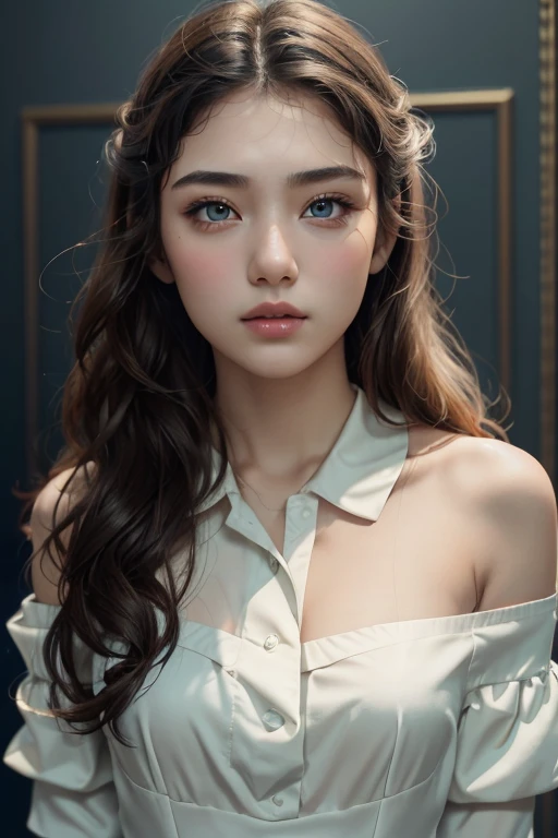 Woman 1,( (costume_Black color), ( consultation_Off shoulder slim blouse:1.5 ) ), ( parted_Bold waves:1.5 ) ,( masterpiece, top quality, best quality,8K,17 year old girl,very detailed,RAW photos:1.5),(realistic:1.4),(movie lights), PerfectNwsjMajic, , surrealism, UHD, accurate, super detail, textured skin, high detail, best quality, dynamic angle, (high nose,White skin),[beautiful blue eyes] ,upper body,